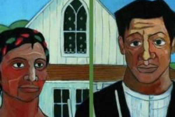 A painting of a latinx man and woman standing in front of a barn