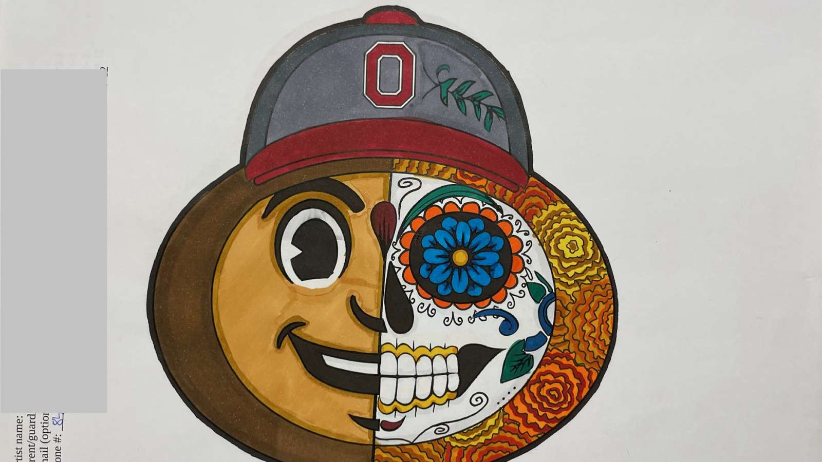 The Brutus Coloring Contest image of half brutus, half sugar skull, with the image hand-colored in with crayons and/or markers