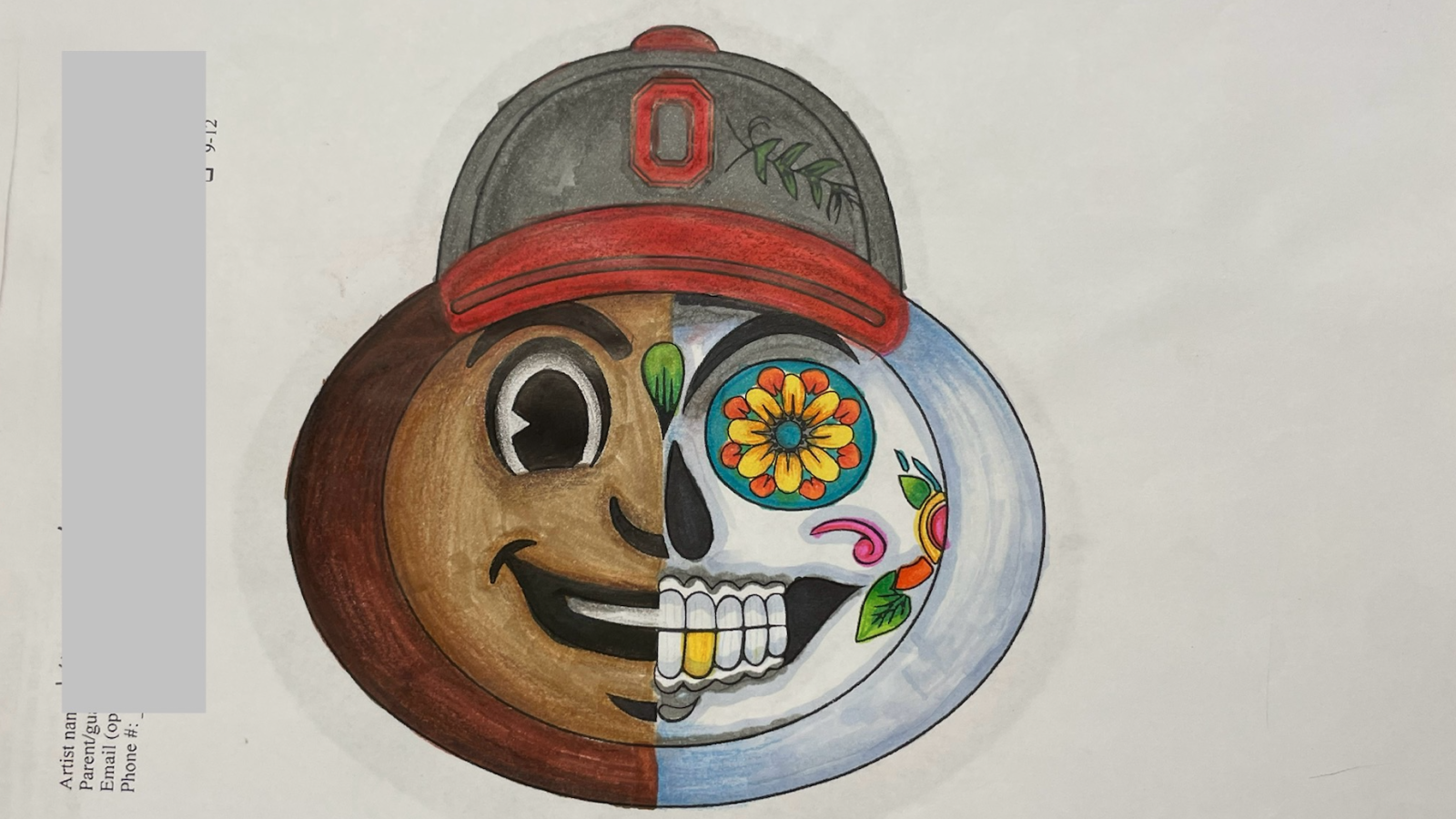 The Brutus Coloring Contest image of half brutus, half sugar skull, with the image hand-colored in with crayons and/or markers