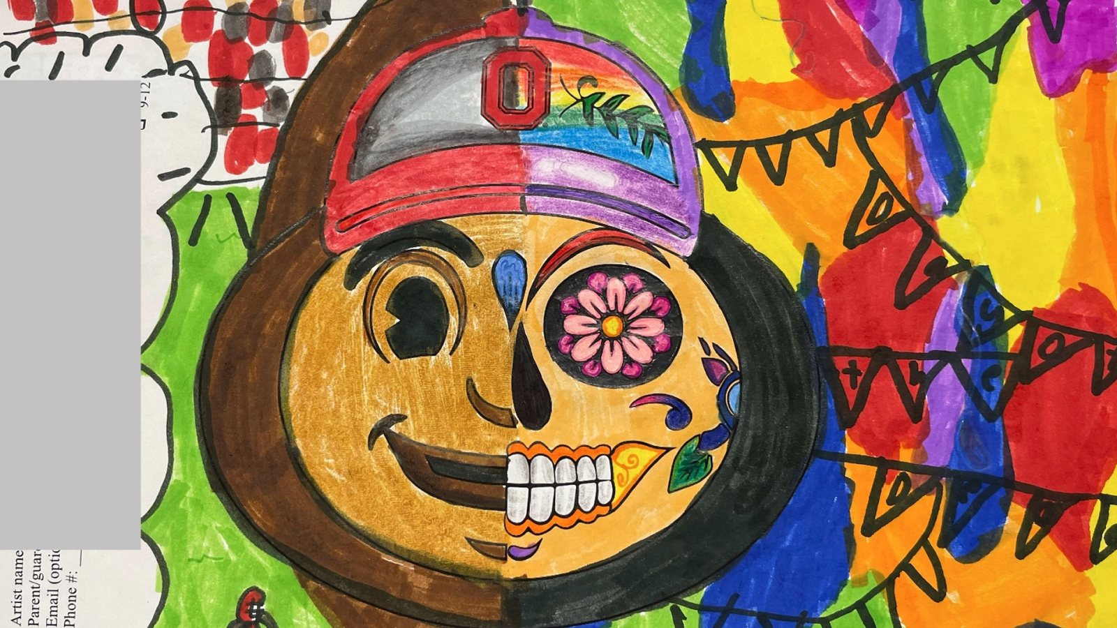 The Brutus Coloring Contest image of half brutus, half sugar skull, with the image hand-colored in with crayons and/or markers