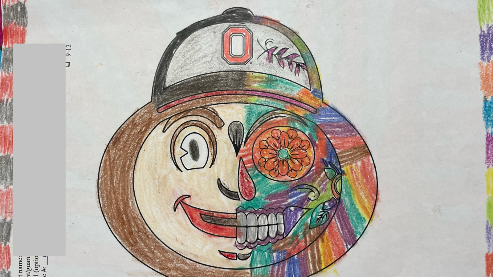 The Brutus Coloring Contest image of half brutus, half sugar skull, with the image hand-colored in with crayons and/or markers